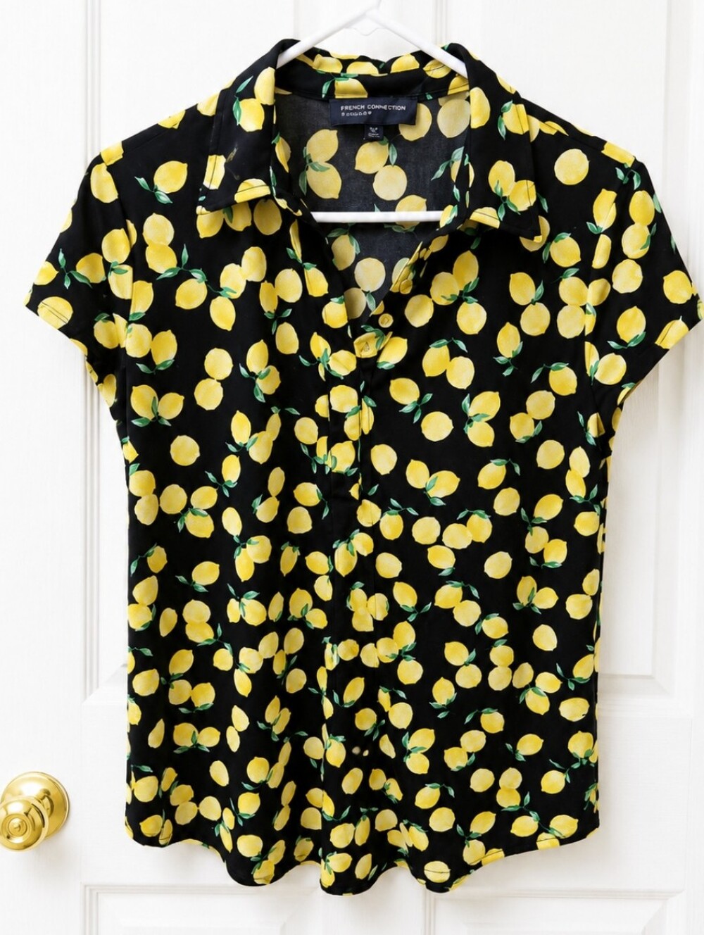 Jones New York Navy Lemon Vneck Blouse Sz Lg